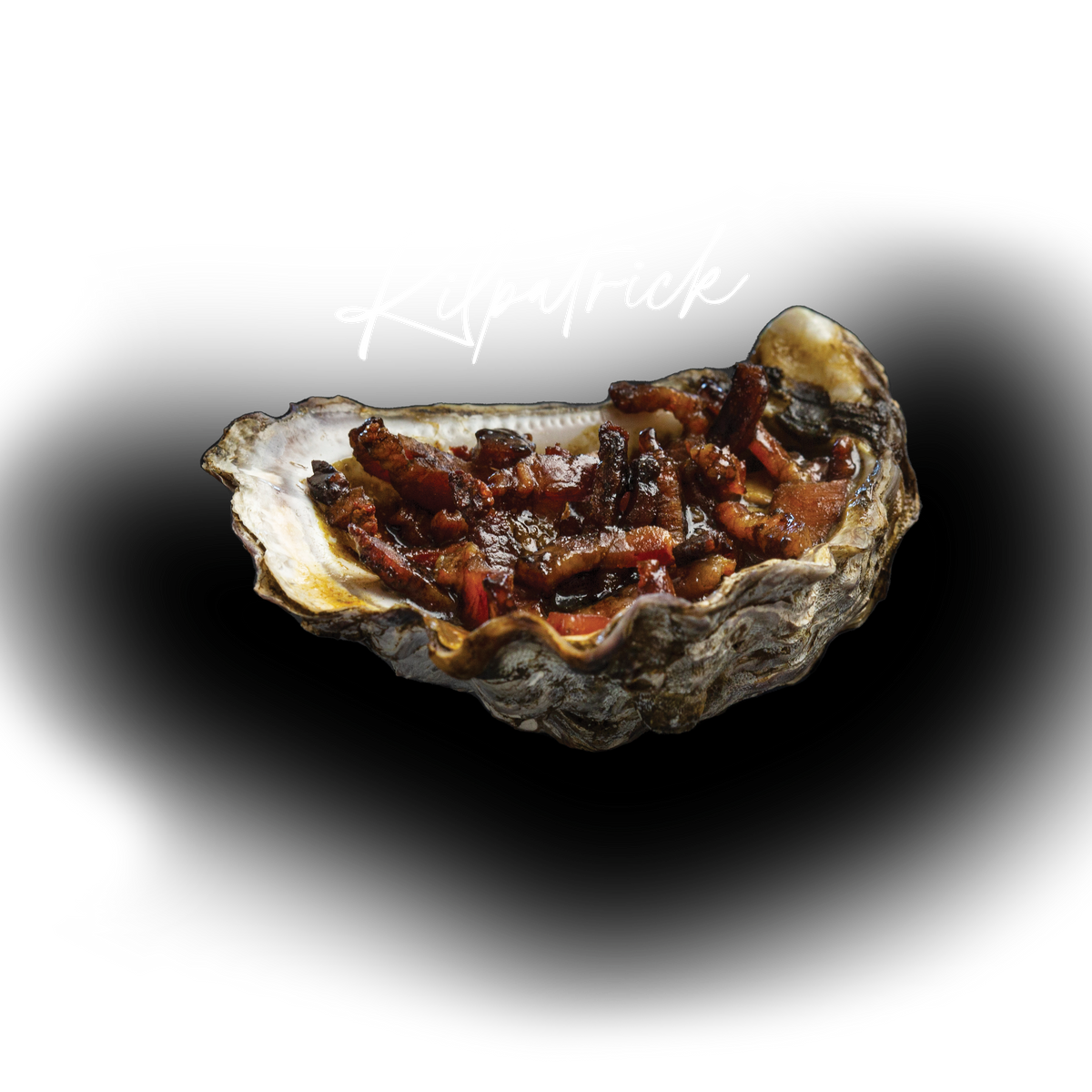 An open oyster shell filled with cooked bacon, photographed on a black background with a white script logo above it.
