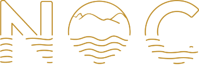 A minimalist gold line-art logo or emblem on a solid black background, featuring three stylized shapes resembling a bridge, a circular landscape with waves, and a curved line pattern.